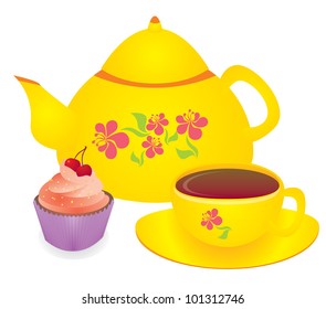 yellow pot, cup with hot drink and cherry cupcake vector illustration