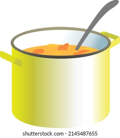 olla amarilla con sopa y cuchara