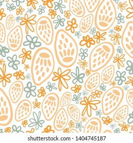 Yellow potpourri seed head seamless pattern. Great for modern spring and children product design, fabric, wallpaper, backgrounds, invitations, packaging design projects. Surface pattern design.