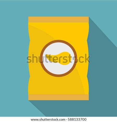 Yellow pouch of potato chips icon. Flat illustration of yellow pouch of potato chips vector icon for web isolated on baby blue background