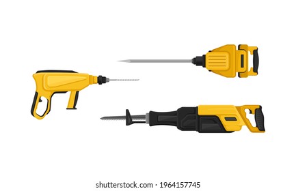 Gelbes Power-Tool für Bauarbeiten wie z. B. Drilling-Vektorset