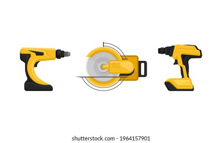Yellow Power Tool for Construction Work Like Drilling, Cutting and Polishing Vector Set