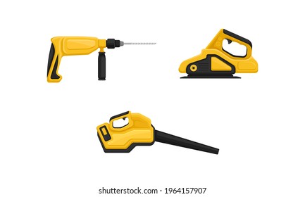 Yellow Power Tool for Construction Work Like Drilling and Polishing Vector Set