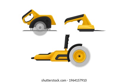 Herramienta de potencia amarilla para obras de construcción como el conjunto de vectores de corte y pulido