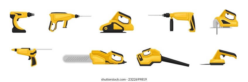 Yellow Power Tool for Construction Work Vector Set