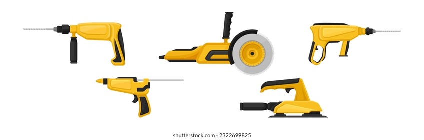Yellow Power Tool for Construction Work Vector Set