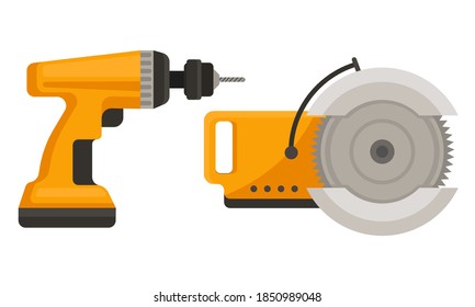Yellow Power Tools for Carpentry Work Vector Set