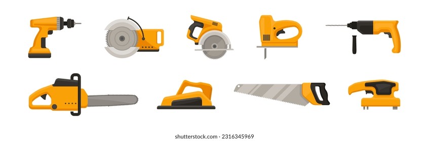 Yellow Power Tools for Carpentry Work Vector Set