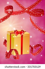 yellow present with bow and red ribbons on red background