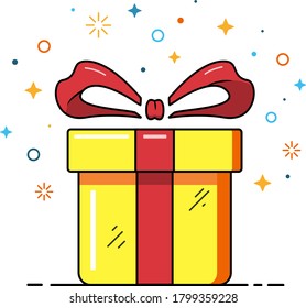 Yellow present box with red bow and bright stars. Vector Illustration for Holiday