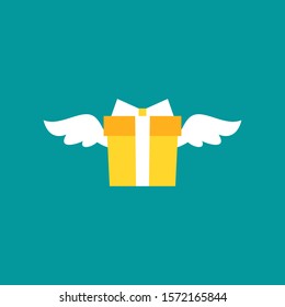 yellow present box with ribbon and wings. simple icon isolated on blue background. present sign. flat vector Illustration. Good for web and mobile design. holiday shopping