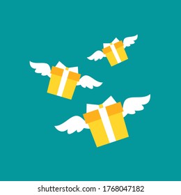 yellow present boxex with ribbon and wings. simple icon isolated on blue background. present sign. flat vector Illustration. Good for web and mobile design. holiday shopping