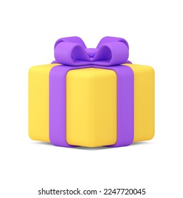 Yellow present package gift box bow ribbon squared wrapped surprise container 3d icon realistic vector illustration. Prize festive holiday congratulations anniversary celebration premium pack design