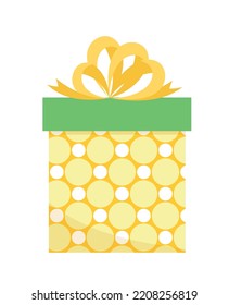 Yellow present with polka dots. Birthday gift box with yellow bow. Flat, cartoon. Isolated vector illustration eps 10