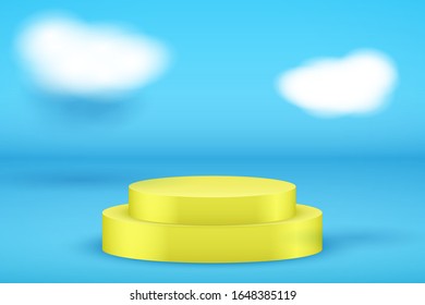 Yellow Presentation platform on blue backdrop with clouds. Modern airiness pastel background. Editable Vector illustration.