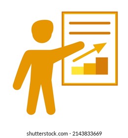 Icono de la presentación amarilla Hombre mostrando el gráfico de crecimiento. Ilustración vectorial para sitio web o aplicación