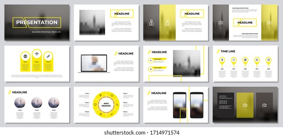 yellow presentation templates element with white background. infographics with laptop and smartphone mockup vector. can be used for presentation slide, corporate report, business, annual report.