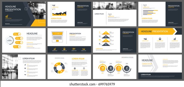 Modelos de apresentação amarelo e elementos infográficos fundo. Use para relatório anual de negócios, flyer, marketing corporativo, folheto, publicidade, folheto, estilo moderno.