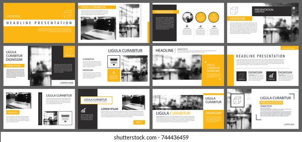 Modelos de apresentação amarelo e elementos infográficos fundo. Use para relatório anual de negócios, flyer, marketing corporativo, folheto, publicidade, folheto, estilo moderno.