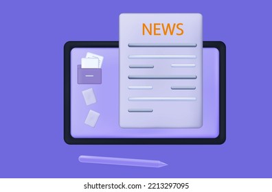 Yellow press, fake news online, view on tablet. Paper, electronic page, informational document, magazine, newspaper. New message to social networks or media. Read, search review, article. Vector 3d.