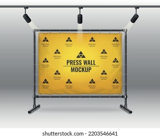 Yellow press wall mockup illuminated by spotlights on grey background realistic vector illustration