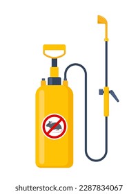 Yellow pressure sprayer of chemical insecticide, pest control and extermination service equipment. Protection from the rats. Vector Illustration