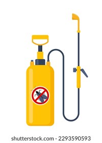 Yellow pressure sprayer of chemical insecticide, pest control and extermination service equipment. Protection from the moth and other insect. Black moth silhouette crossed in red circle. Vector