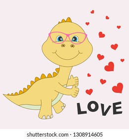 Yellow pretty and happy dinosaur baby in glasses isolated on a white background. Vector illustration drawn in flat style. Drawing can be applied to childrens t-shirts.