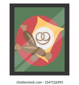 A yellow pretzel packet and two bavarian sausages on a poster. Placard framed and under glass with glare. Vector flat illustration. The concept of a delicious appetizer for beer.
