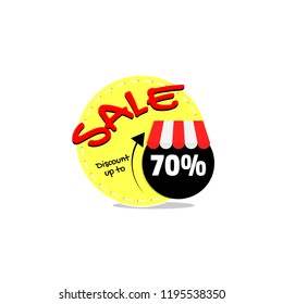 Yellow price tags with lettering 'SALE, discount up to' and Shop roof on black circle with lettering '70 percentage'. Business template flat vector design isolated on white background.
