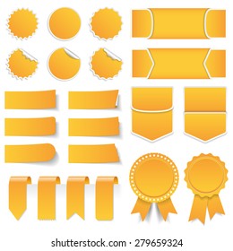 Yellow price tags, stickers, labels, banners and ribbons, vector eps10 illustration