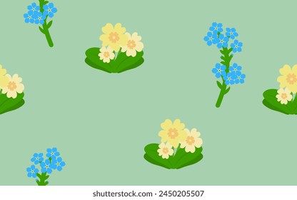 Gelbe Primel und Vergissmeinnicht isoliert auf grünem Hintergrund. Blumen im Frühling. Flacher Stil. Nahtloses Muster. Hintergrund für Papier, Deckel, Textil, Geschirr, Innendekor.
