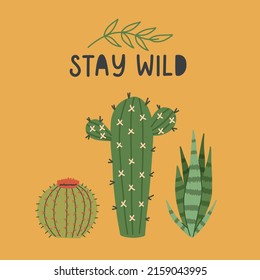 Yellow print with green cactus. Nature print hand drawn doodle naive design vector art illustration. Stay wild