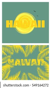 Yellow print with Hawaii lettering, sun and palm leaves