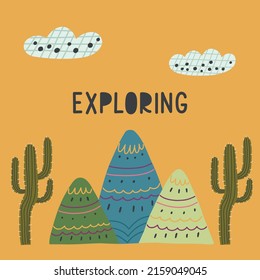 Yellow print with mountains cacti nature. Nature print hand drawn doodle naive design vector art illustration. Exploring