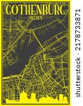 Yellow printout city poster with panoramic skyline and hand-drawn streets network on dark gray background of the downtown GOTEBORG (GOTHENBURG), SWEDEN