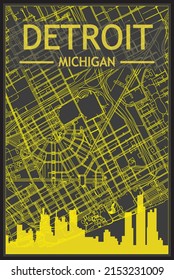 Yellow printout city poster with panoramic skyline and streets network on dark gray background of the downtown DETROIT, MICHIGAN