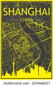 Yellow printout city poster with panoramic skyline and streets network on dark gray background of the downtown SHANGHAI, CHINA