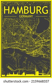 Yellow printout city poster with panoramic skyline and streets network on dark gray background of the downtown HAMBURG, GERMANY