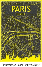 Yellow printout city poster with panoramic skyline and streets network on dark gray background of the downtown PARIS, FRANCE