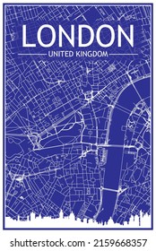 Yellow printout city poster with panoramic skyline and streets network on dark gray background of the downtown LONDON, UNITED KINGDOM
