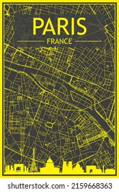 Yellow printout city poster with panoramic skyline and streets network on dark gray background of the downtown PARIS, FRANCE
