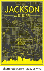 Yellow printout city poster with panoramic skyline and hand-drawn streets network on dark gray background of the downtown JACKSON, MISSISSIPPI