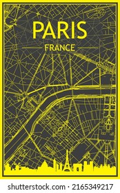 Yellow printout city poster with panoramic skyline and hand-drawn streets network on dark gray background of the downtown PARIS, FRANCE