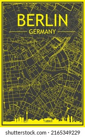 Yellow printout city poster with panoramic skyline and hand-drawn streets network on dark gray background of the downtown BERLIN, GERMANY