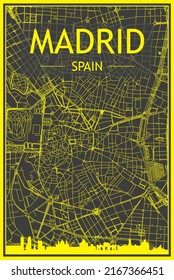 Yellow printout city poster with panoramic skyline and hand-drawn streets network on dark gray background of the downtown MADRID, SPAIN