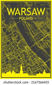 Yellow printout city poster with panoramic skyline and hand-drawn streets network on dark gray background of the downtown WARSAW, POLAND