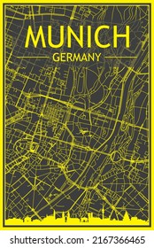 Yellow printout city poster with panoramic skyline and hand-drawn streets network on dark gray background of the downtown MUNICH, GERMANY