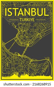 Yellow printout city poster with panoramic skyline and hand-drawn streets network on dark gray background of the downtown ISTANBUL, TURKIYE-TURKEY