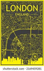 Yellow printout city poster with panoramic skyline and hand-drawn streets network on dark gray background of the downtown LONDON, ENGLAND